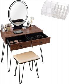 img 4 attached to CHARMAID Lighted Vanity Set With Touch-Screen Dimmable Mirror, 2 Drawers, Storage Organizer, And Cushioned Stool - Ideal For Bedroom Makeup And Dressing Table (Walnut)