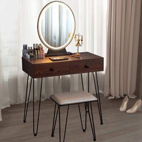 img 3 attached to CHARMAID Lighted Vanity Set With Touch-Screen Dimmable Mirror, 2 Drawers, Storage Organizer, And Cushioned Stool - Ideal For Bedroom Makeup And Dressing Table (Walnut)