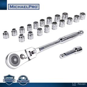 img 3 attached to 🔧 MichaelPro MP001001 3/8 inch Drive Socket Wrench Set, 20-piece, 12-Point Socket in SAE & Metric Sizes - Reversible & Flexible Low Profile Ratchet Wrench Handle, Extension Bar, EVA Tray - Red