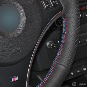 img 3 attached to MEWANT Handsewing Black Artificial Leather Car Steering Wheel Covers Wrap For BMW 1 Series E81 E82 E87 E88 2008-2012 / 3 Series E90 E91 E92 E93 2006-2011 (Without Bulges)