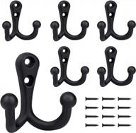 vintage heavy duty coat hooks - 6 pack of double prong wall mounted hooks with screws for coats, scarves, bags, towels, keys, hats, and cups - retro utility hooks in black finish logo