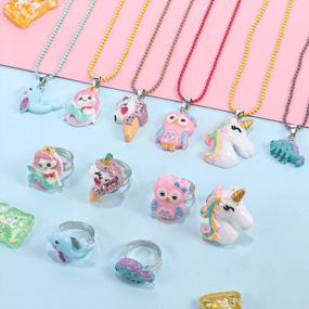 img 3 attached to 24 Piece Kids Jewelry Set For Girls - Unicorn And Mermaid Charm Necklaces And Rings, Colorful And Cute Matching Accessory Kit For Dress Up And Play, Lucky Gifts For Toddlers And Kids