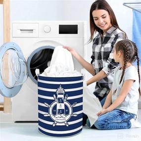 img 1 attached to 🧺 Nautical Compass Laundry Hamper: Waterproof, 45L Capacity, Collapsible Navy Stripe Baskets with Handle for Bedroom, Living Room & Nursery Storage