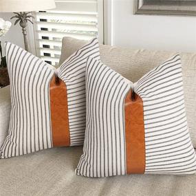img 4 attached to Merrycolor Boho Farmhouse Decorative Pillow Covers: Faux Leather And Linen Accent Stripes For Couch And Bedroom - Set Of 2 (18X18 Inches)