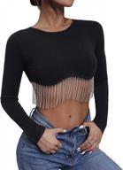stylish rhinestone and fringe long sleeve crop top with round neck for women by verdusa logo