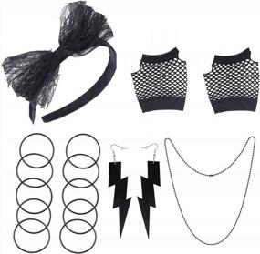 img 4 attached to 80S Costume Accessories For Women: Madonna Outfit With Fishnet Lace Gloves, Bow Headband, Earrings, Necklace & Bracelet - Beelittle