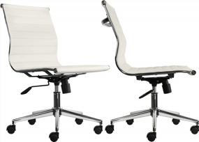 img 4 attached to 2Xhome White Mid Back Office Chairs - Сиденья из искусственной кожи без подлокотников, поворотное регулируемое по наклону хромированное основание - Рабочее кресло для конференц-зала