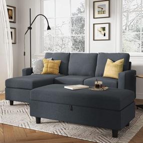 img 4 attached to Modern Reversible Sectional Sofa With Chaise And Ottoman In Bluish Grey Linen Fabric - Perfect For Apartments And Small Spaces From HONBAY