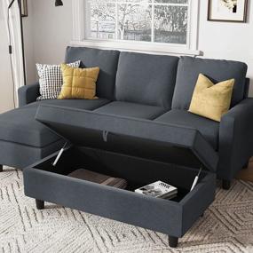 img 2 attached to Modern Reversible Sectional Sofa With Chaise And Ottoman In Bluish Grey Linen Fabric - Perfect For Apartments And Small Spaces From HONBAY