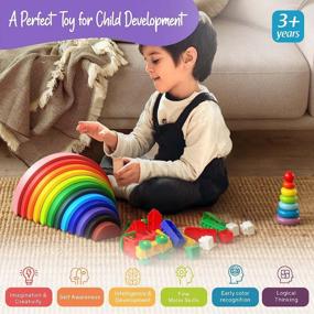 img 1 attached to 🌈 Extra Large Rainbow Stacker (12 Pieces) | Vibrant Colors Wooden Toy – BPA Free Stacking Rainbow - Kid's Wooden Rainbow Stacker Toy - Wooden Baby Toy, 14” x 7” x 2.75”