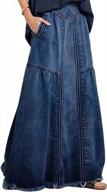 retro maxi denim skirt for women with frayed a-line, elastic high waist, and convenient pockets by chartou logo