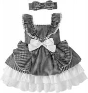 a-line plaid dress with vintage lace and stripes for baby and toddler girls, sleeveless and casual party dress with matching headband logo