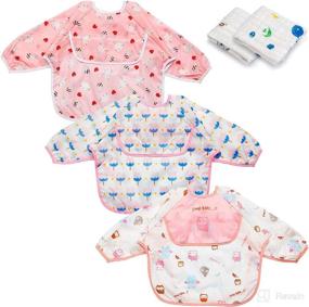 img 4 attached to 🌧️ CyanCloud Waterproof Baby Bibs with Sleeves and Pocket, Set of 3, 6-24 Months - Includes Burp Cloth