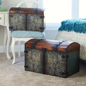 img 2 attached to 🔵 Vintage Wood Storage Trunk with Blue Body, Brown Lid, and Floral Design - Large Household Essential