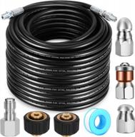 ultimate sewer jetter kit - powerful drain cleaner tool clog remover with tough flex pressure washer hose and 7 high-end nozzles and adapters, ideal for complete drain jetting - 1/4'' npt (50 feet) logo