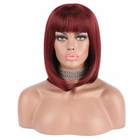 img 2 attached to Short Bob Hair Wig 12" Straight With Flat Bangs Synthetic Colorful Cosplay Daily Party Wig For Women Natural As Real Hair+ Free Wig Cap - Wine Red