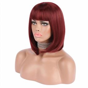 img 3 attached to Short Bob Hair Wig 12" Straight With Flat Bangs Synthetic Colorful Cosplay Daily Party Wig For Women Natural As Real Hair+ Free Wig Cap - Wine Red
