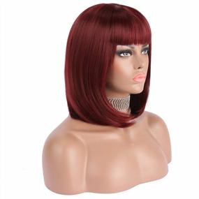 img 4 attached to Short Bob Hair Wig 12" Straight With Flat Bangs Synthetic Colorful Cosplay Daily Party Wig For Women Natural As Real Hair+ Free Wig Cap - Wine Red