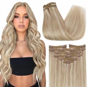 img 4 attached to Blonde Highlights Clip-In Human Hair Extensions With Double Weft - Ash Blonde & Bleach Blonde (7Pcs 120G 18Inch)