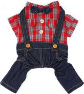 m red christmas dog costume: hooddeal plaid shirt denim overalls jumpsuit with bowtie logo