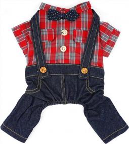 img 4 attached to M Red Christmas Dog Costume: HOODDEAL Plaid Shirt Denim Overalls Jumpsuit With Bowtie
