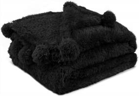 img 4 attached to Cozy Up With PAVILIA Black Sherpa Throw Blanket With Pom Poms - Soft And Fluffy Plush Fleece Blanket For Sofa, Bed And Decorative Use - 50X60 Inches