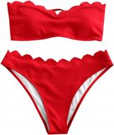 women's red textured scalloped lace-up bandeau bikini set two piece bathing suit - zaful (size s) logo