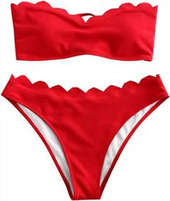 img 4 attached to Women'S Red Textured Scalloped Lace-Up Bandeau Bikini Set Two Piece Bathing Suit - ZAFUL (Size S)