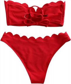 img 3 attached to Women'S Red Textured Scalloped Lace-Up Bandeau Bikini Set Two Piece Bathing Suit - ZAFUL (Size S)