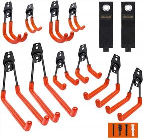 img 4 attached to Сверхмощные настенные вешалки для инструментов в гараже, 12 упаковок крючков для органайзеров с 2 ремнями-удлинителями, держатели для хранения садовых инструментов, лестниц и велосипедов (оранжевые)