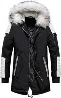 men's winter warm faux leather spliced padded long down alternative parka jacket with fur hood logo