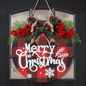 img 4 attached to Merry Christmas Welcome Sign With Red Plaid Wreath For Front Door - Wooden Hanging Welcome Sign For Farmhouse Porch Indoor Outdoor Christmas Decor By KHOYIME