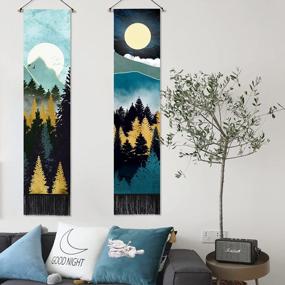 img 1 attached to AWAYTR Long Mountain Tapestry Wall Hanging - 2PCS Green Mountain Forest Sunset Starry Night Sky Nature Landscape Tapestries for Bedroom