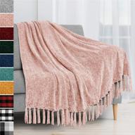 soft chenille throw blanket with fringe tassels for cozy sofa or bedding – lightweight, silky smooth texture – decorative blush pink knitted throw – measures 50 x 60 inches logo