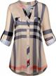 women 3/4 sleeve plaid tunic blouse roll-up button down casual work top logo