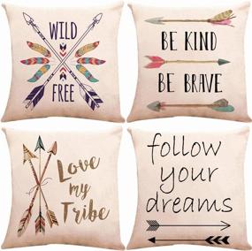 img 4 attached to Set Of 4 Outdoor Cotton Linen Throw Pillow Covers 18X18 Inch With Blessed Words Wild & Free Follow Your Dreams Boho Arrow Decor For Home Couch Sofa Deocr
