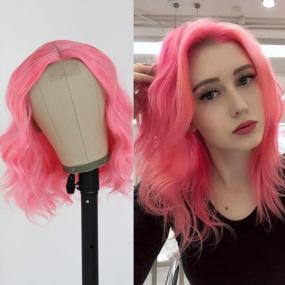 img 4 attached to Oxeely Pink Synthetic Wig: Glueless, Curly Wave No Lace Hair Wig For Women Cosplay Shoulder Length