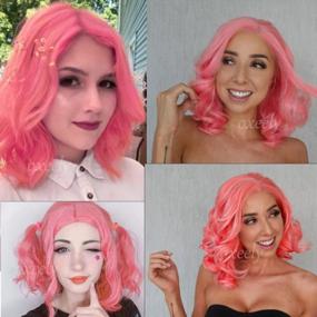 img 2 attached to Oxeely Pink Synthetic Wig: Glueless, Curly Wave No Lace Hair Wig For Women Cosplay Shoulder Length