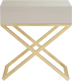 img 1 attached to Iconic Home Ithaca Nightstand Side Table: Modern Beige Lacquer X Base, Self-Closing Drawer, Brass-Finished Stainless Steel