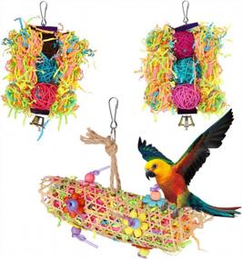 img 4 attached to VavoPaw Bird Parrot Toys, 3 Pcs Bird Chewing Toys Hanging Pecking Perch Foraging Cage Toy With Wooden Rattan Balls Bells For Parakeets, Cockatiels, Conures, Macaws, Love Birds, Finches - Colorful