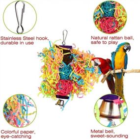 img 3 attached to VavoPaw Bird Parrot Toys, 3 Pcs Bird Chewing Toys Hanging Pecking Perch Foraging Cage Toy With Wooden Rattan Balls Bells For Parakeets, Cockatiels, Conures, Macaws, Love Birds, Finches - Colorful