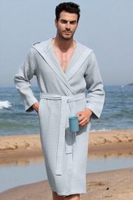 img 3 attached to Легкий хлопковый вафельный халат с капюшоном и окантовкой - Ультрамягкая пижама для спа в полную длину - Халат из вафельного плетения для мужчин