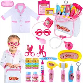 img 4 attached to Pink Doctor Pretend-N-Play Medical Kit For Kids, 25 Pieces Toddler Roleplay Costume Set With Toys For Girls 3+
