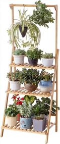 img 4 attached to Folding 3-Tier Bamboo Plant Stand With Hanging Shelves - Ideal For Flower Pot Organization, Display, And Storage - Plants Shelf Unit And Holder