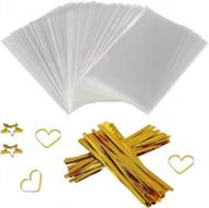 🍬 clear treat bags 100 pcs - cellophane candy bags with 100 pcs metallic twist ties - perfect for kids birthdays, candy, popcorn, gifts, and cookies (4'' x 6'') logo