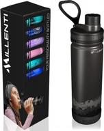millenti gym water bottle with black spout cap - 26oz stainless steel thermos flask, vacuum insulated, double walled for maximum temperature control, in serenity black (wb0626b) logo