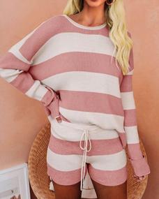 img 1 attached to Color Block Sweatershirt And Tie-Waisted Short Pants Set For Women - Long Sleeve, Ribbed, Lightweight Outfit