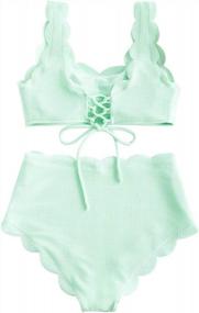 img 3 attached to E-Mint Green Textured Scalloped Lace-Up Bandeau Bikini Set - ZAFUL Women'S Two Piece Bathing Suit (Size S)