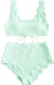 img 4 attached to E-Mint Green Textured Scalloped Lace-Up Bandeau Bikini Set - ZAFUL Women'S Two Piece Bathing Suit (Size S)