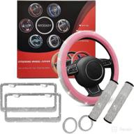 🔥 niceasy universal silver diamond pink leather 15-inch steering wheel cover set with diamond license plate frame, safety belt cover pads, and attractive packaging логотип